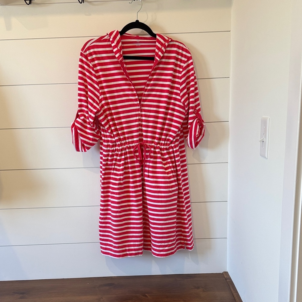 Lands' End zip front dress/ beach cover up. Pink/White Striped Size L